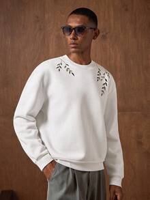 AKNOTIC Men's Plant Embroidery Crew Neck Casual Long Sleeve Sweatshirt Jersey Sweater Sweat Shirts For Men Embroidered Sweatshirt Male Sweater Graphic - White - View 4