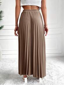 EURMUSE Solid Elastic Waist Pleated Skirt - Brown - View 2
