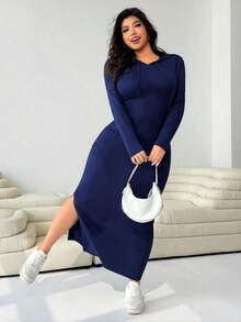 Solflare Plus Size Women's Hooded Drawstring Slim Fit Long Sleeve Ribbed Dress, Autumn/Winter,Fall,Back To School - Navy Blue - View 5