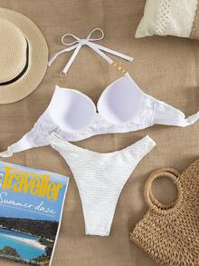 Swim Lushoire 女士成熟优雅纯色性感夏季沙滩简约休闲度假百搭褶皱纹理挂脖泳衣上装搭配高腰比基尼泳裤，两件套，弹性面料亲肤舒适，适合度假（适合春假、假期、春季、海滩、度假）。纹理比基尼两件套沙滩套装，贝壳比基尼套装 - 白色 - 查看 7