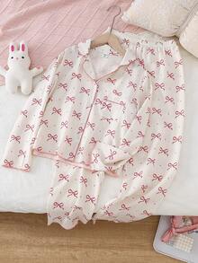 Sparklyn 女学生睡衣，少女可爱蝴蝶结印花开襟长领长裤长袖休闲两件套家居服 - 彩色 - 查看 3