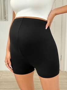 SHEIN Maternity Solid Color Elastic High Waist Skinny Shorts Maternity Biker Short Pregnancy Shorts Mid Thigh Shorts Biker Shorts Butt Lifting Shorts - Black - View 3