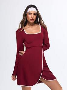 Eassivo Eassivo Women's Wine Red Contrast Trim Long Sleeve Active Dress, Square Neck Skater Dress, Casual Fit And Flare,Women's Casual Contrast Trim Long Sleeve Sports Dress - Burgundy - View 5