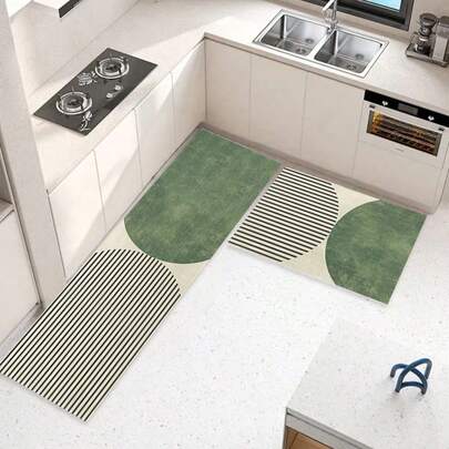 1/2 tấm thảm nhà bếp bằng gel silica họa tiết sọc xanh lá cây và xám, chống mỏi, êm ái, thấm nước, nhanh khô, chống trượt, thích hợp cho nhà bếp, phòng tắm, lối vào, phòng giặt, v.v., trang trí phòng