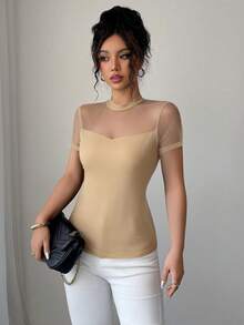 Elenzga Women's 2025 Summer Solid Color Versatile Mesh Patchwork Round Neck Short Sleeve T-Shirt - Khaki - View 6