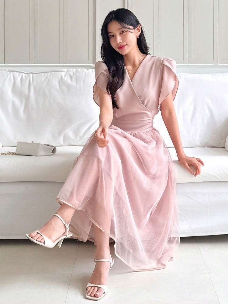 Women's Mesh Patchwork Petal Sleeve Midi Dress Sundress