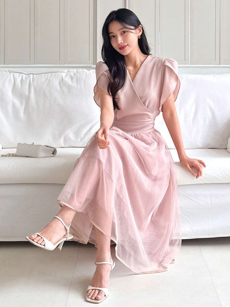 DAZY Đầm midi tay cánh hoa phối lưới dành cho nữ. - Hồng - Xem 1