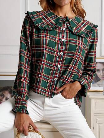 Écloséra New Vintage French Style Plaid Peter Pan Collar Single-Breasted Comfortable Shirt, Suitable For Christmas, Can Be Worn As Outerwear Or Layering, Autumn/Winter