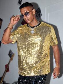 HIMLAND 男士休闲宽松串珠短袖亮片T恤，适合派对、朋友聚会 - 彩色 - 查看 3