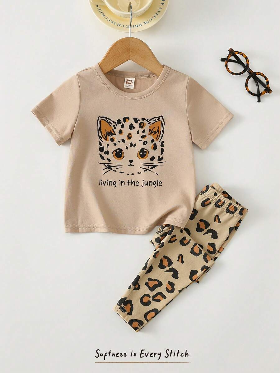 2件套女婴卡通动物印花针织柔软圆领短袖上衣和松紧腰裤套装