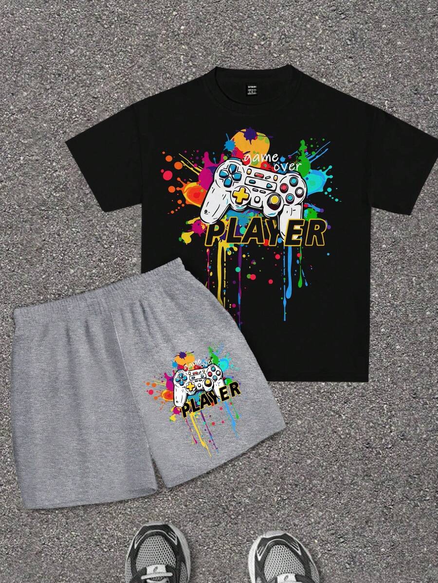 2pcs Tween Boys Casual Minimalist Colorful Pattern Stylish Game Controller Graphic Print Round Neck Short Sleeve T-Shirt And Shorts Set, Suitable For Summer - Grey - View 1