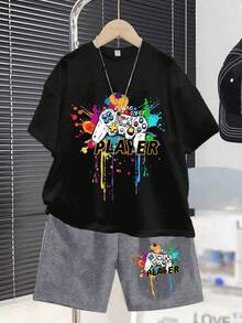 2pcs Tween Boys Casual Minimalist Colorful Pattern Stylish Game Controller Graphic Print Round Neck Short Sleeve T-Shirt And Shorts Set, Suitable For Summer - Grey - View 3