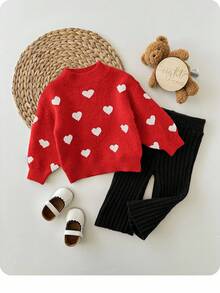 SHEIN 2 件套女婴可爱波尔卡圆点长袖毛衣和松紧腰裤套装，休闲秋冬 - 紅色 - 查看 3