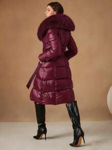 Anewsta Women's Mid-Length Winter Coat With Fur Collar, Fashionable Cinched Waist Waist Design - Burgundy - View 2