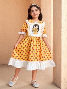Young Girl Elegant Floral Rose Print Half Sleeve Collar Dress, Lace Trim, Suitable For Vacation, Casual Outing, Holiday Party, Spring/Summer, Young Girls Dresses For Girls Yellow - Yellow - View 6