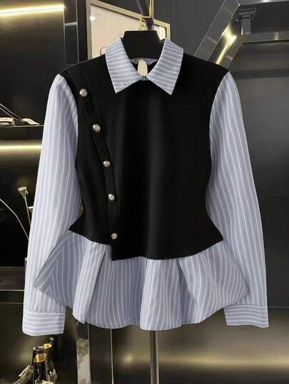 GlowEve Women's Contrast Color Block Striped Long Sleeve Ruffle Trim Button Front Fashionable 2 In 1 Shirt