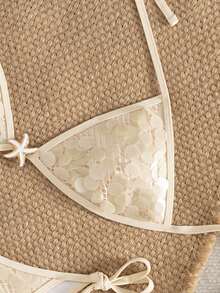 Bonvoyette Bộ 2 bộ bikini cổ yếm màu trơn đính sequin gợi cảm, xuân/hè - Màu be - Xem 7