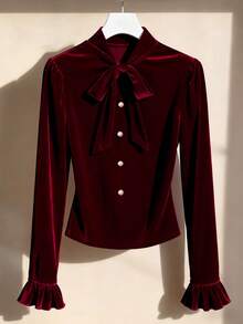 SHEIN Franclia 女士优雅通勤纯色蝴蝶结T恤 - 酒紅色 - 查看 1