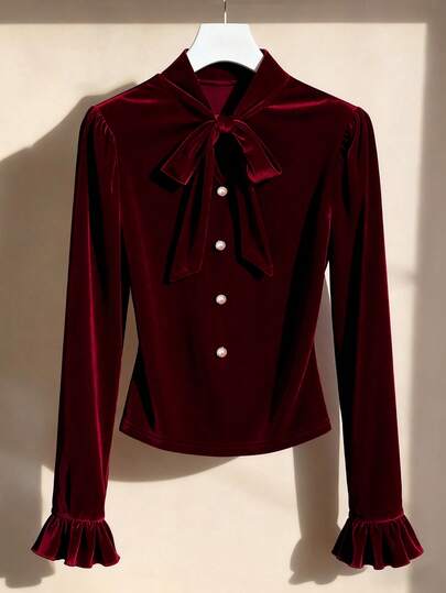 SHEIN Franclia Camiseta de mujer elegante y de unicolor con lazo anudado para uso diario