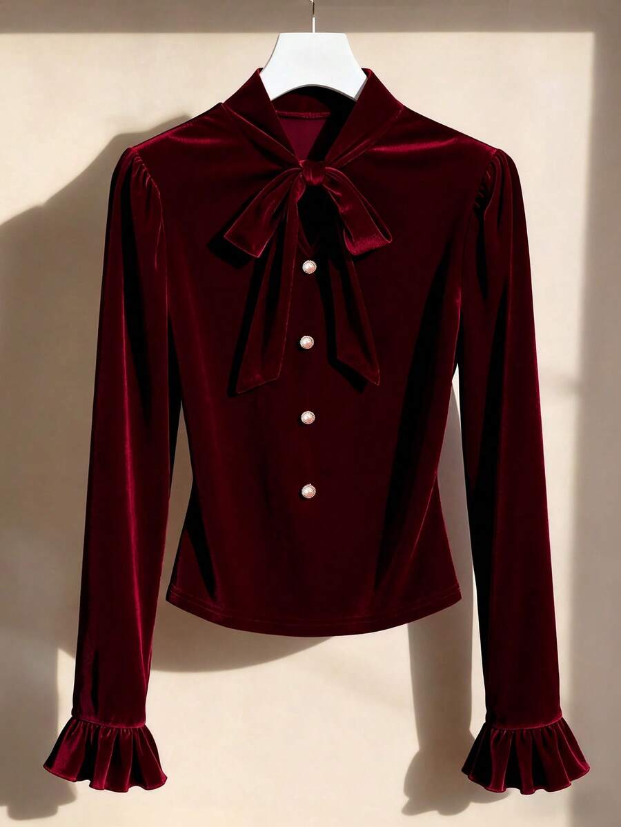 SHEIN Franclia 女士优雅通勤纯色蝴蝶结T恤 - 酒紅色 - 查看 1