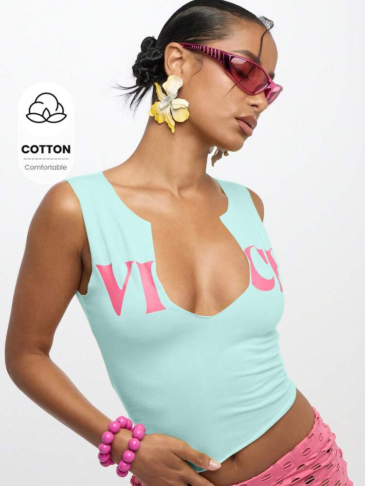 SUMWON WOMEN Notch Neck Crop Top Sleeveless Tank Top