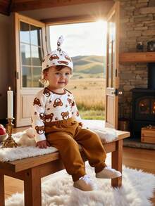 Vintaside Kids 2 件套男婴秋季新款 2025 可爱熊印花翻领长袖连体衣和宽松裤子套装 + 帽子，休闲舒适服装 - 彩色 - 查看 3