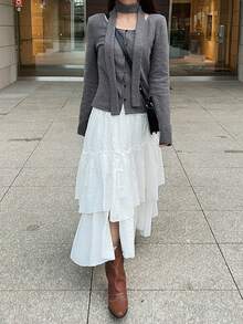 FRIFUL 女士纯色方领落肩长袖系领装饰休闲宽松百搭T恤，秋冬款 - 灰色 - 查看 2