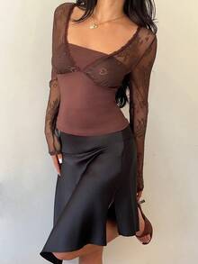 SHEIN Unity Áo thun cổ chữ V màu nâu họa tiết chắp vá ren dành cho nữ, eo thon gọn, phong cách tối giản, áo dài tay mỏng cho mùa thu - màu nâu - Xem 4