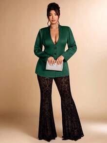 Cravure 大码女式秋季植绒网纱开衩喇叭裤套装，V领办公服 - 墨綠色 - 查看 4