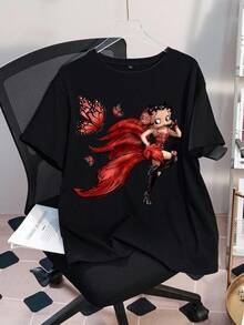 Betty Boop x SHEIN Plus Size Summer Casual Butterfly & Cartoon Figure Graphic Round Neck Short Sleeve T-Shirt - Black - View 1