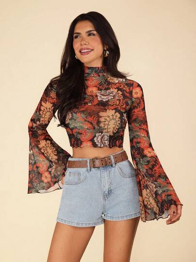 Coeurva 印花高领喇叭袖透视露脐网纱夏季女士沙滩波西米亚风上衣