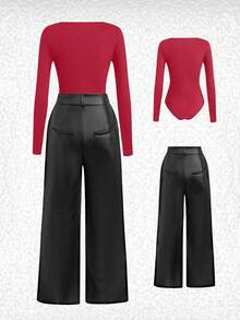 EMERY ROSE Brazilian Leather/Leather Pants Set/Ribbed/Jumpsuit Set - Multicolor - View 2