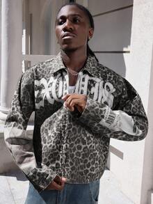 ROMWE MEN Street Life Men's Retro Leopard Print Denim Jacket - Black - View 1