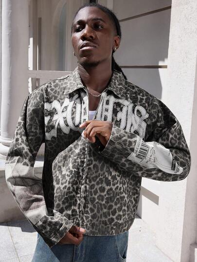 ROMWE MEN Street Life Men's Retro Leopard Print Denim Jacket
