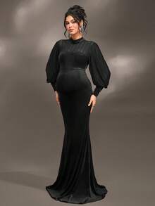 Cheriluna Maternity Maternity Long Sleeve Stand Collar Backless Fishtail Dress, Suitable For Christmas Party, Elegant Party, Baby Shower - Black - View 5