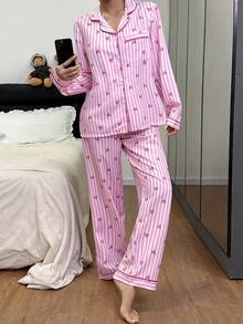 SHEIN 泡泡褶皱条纹爱心开衫女士睡衣套装 - 粉色 - 查看 3