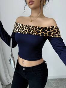 Chiquease Sexy Off-Shoulder Contrast Leopard Print Tee For Women Graphic Cheetah Print Tees Women Tops - Royal Blue - View 4