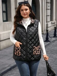 EMERY ROSE Chaleco/chaqueta casual reversible con cremallera y estampado de leopardo para mujer talla grande, para invierno - Multicolor - Ver 7