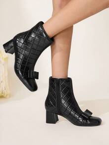 CUCCOO CHICEST Women's Bow Decor Side Zipper Design Fashion Chunky Heel Mid-Calf Boots For Christmas - Black - View 5