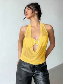 Aloruh Áo hở lưng hở cổ bán trong suốt gợi cảm mới với họa tiết kim loại hiện đại - Màu vàng - Xem 5