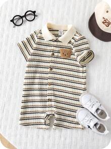 SHEIN 男女宝宝通用款休闲条纹短袖连体衣，适合春夏穿着，室内外皆可。 - 杏色 - 查看 5