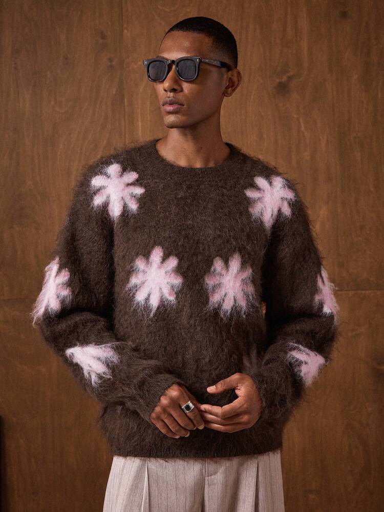 Men's New Floral Jacquard Knit Pullover Sweater - Loose & Comfortable Casual Chromehearts Men Knit Brown Sweater Men Floral Men