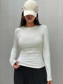DAZY 女款純色圓領長袖休閒抓絨T恤校園風 - 白色 - 查看 8
