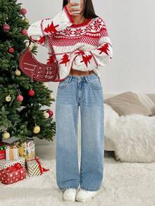 SHEIN PETITE 女士休闲水洗低腰直筒牛仔裤 - 中等水洗藍 - 查看 7