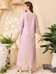 SHEIN Teen Girl Pastel Pink Autumn Casual Vacation Lace Trim V-Neck Loose Maxi Dress,Embroidered Mesh Long Sleeve Wavy Fabric Muslim Abaya Dress For School - Pink - View 4