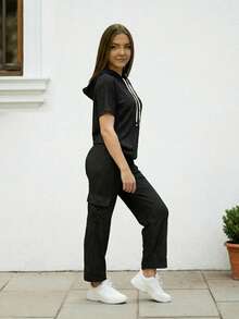 Conjunto Para Mujer Blusa Con Capucha, Pantalón Cargo Ligero - Negro - Ver 2