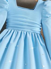 Elladie kids 女童红色方领连衣裙，腰部两侧有褶皱，裙摆饰有珍珠，泡泡袖设计，优雅时尚，适合派对、生日或日常穿着。 - 藍色 - 查看 6