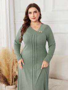 Lacomfia Plus Size Long Sleeve Solid Color Jacquard Knit Maxi Casual Dress - Green - View 7