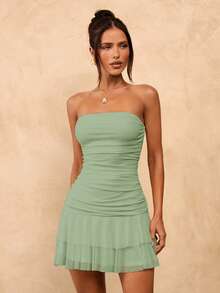 SHEIN BAE Solid Yellow Cream Ruched Bodycon Ruffled Hem Mini Dress, Cute Summer Dress, Brunch Dress, Yellow Dress - Mint Green - View 7