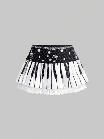 J-Fashion Minigonna vintage da donna in stile Y2K a vita ultra bassa e super corta, con patchwork in pizzo e ricamo di note musicali e tastiera di pianoforte